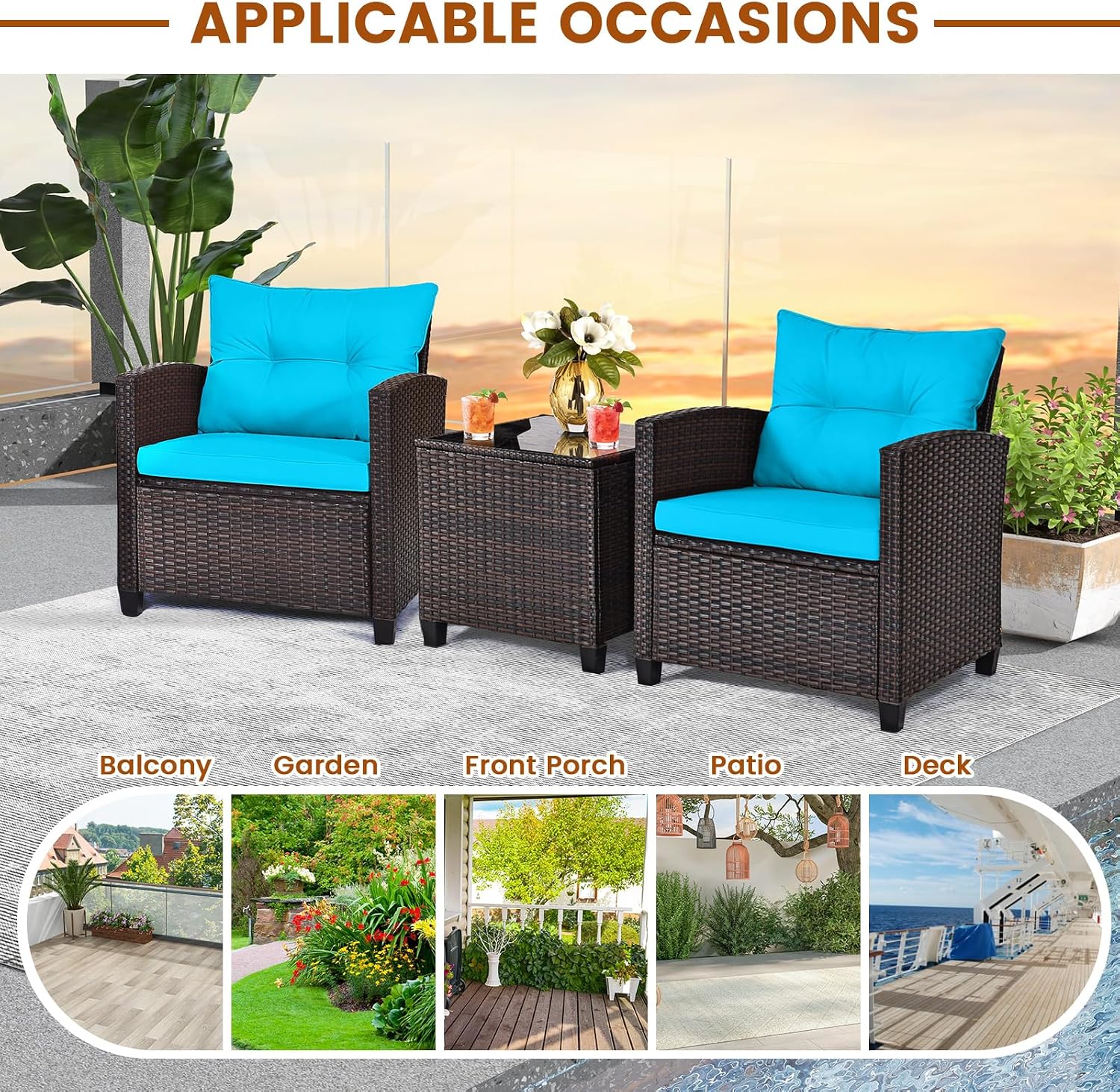 ORALNER 3 Pieces Patio Furniture Set, Outdoor Wicker Conversation Set Rattan Chairs with Cushions, Glass Coffee Table, Bistro Set for Front Porch Balcony Garden Deck Poolside (Turquoise)
