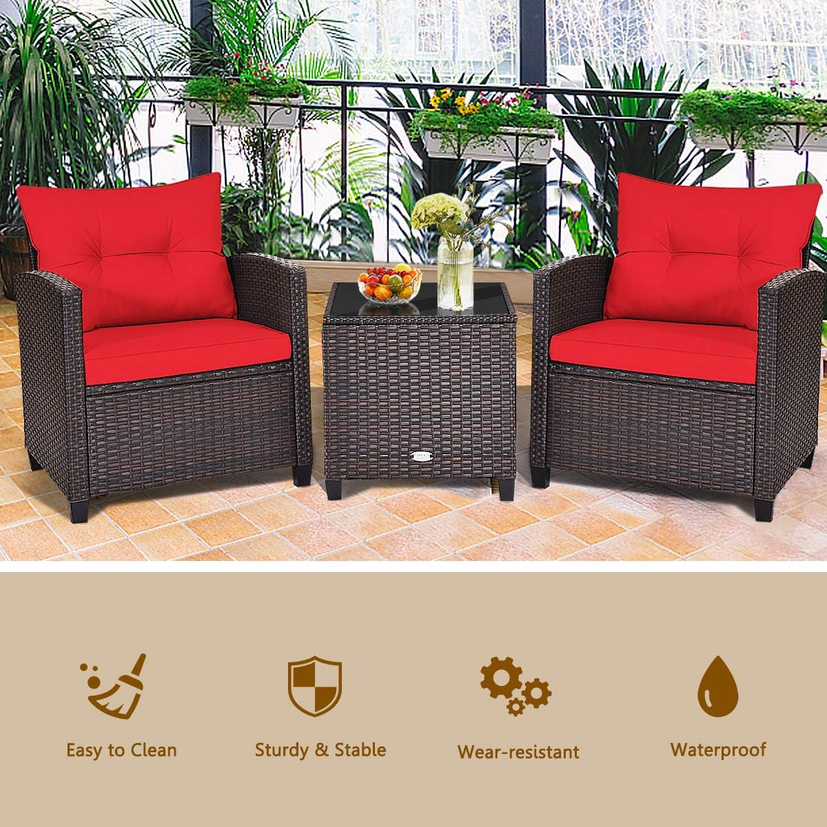 RELAX4LIFE 3 Piece Patio Furniture Set, Wicker Bistro Conversation Set w/ 2 Cushioned Armchairs & Glass Topped Table, Outdoor Rattan Sofa Set Patio Furniture for Porch Balcony Poolside (Red)