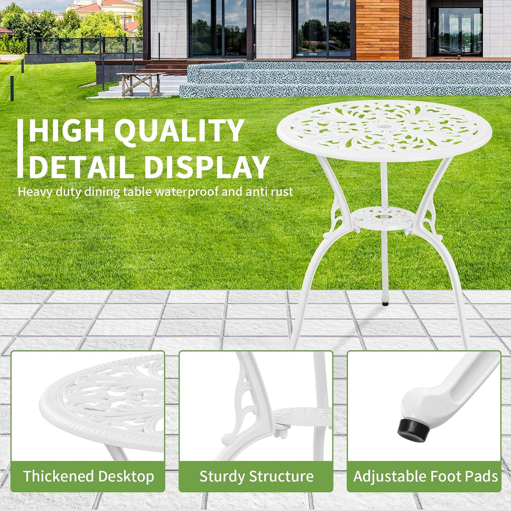 Bistro Set 3 Piece Outdoor Cast Aluminum Patio Bistro Set with Umbrella Hole, All Weather Bistro Table and Chairs Set, Small Patio Furniture Set for Garden, Porch,White