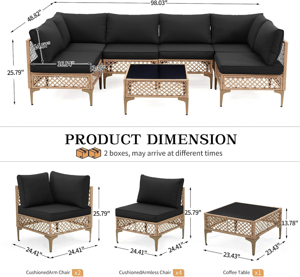 FHFO 7 Piece Patio Furniture Set, Outdoor Wicker Modular Sectional Patio Conversation Set with Thicker Cushion & Tempered Glass Coffee Table for Backyard, Poolside, Porch (Yellow/Black)