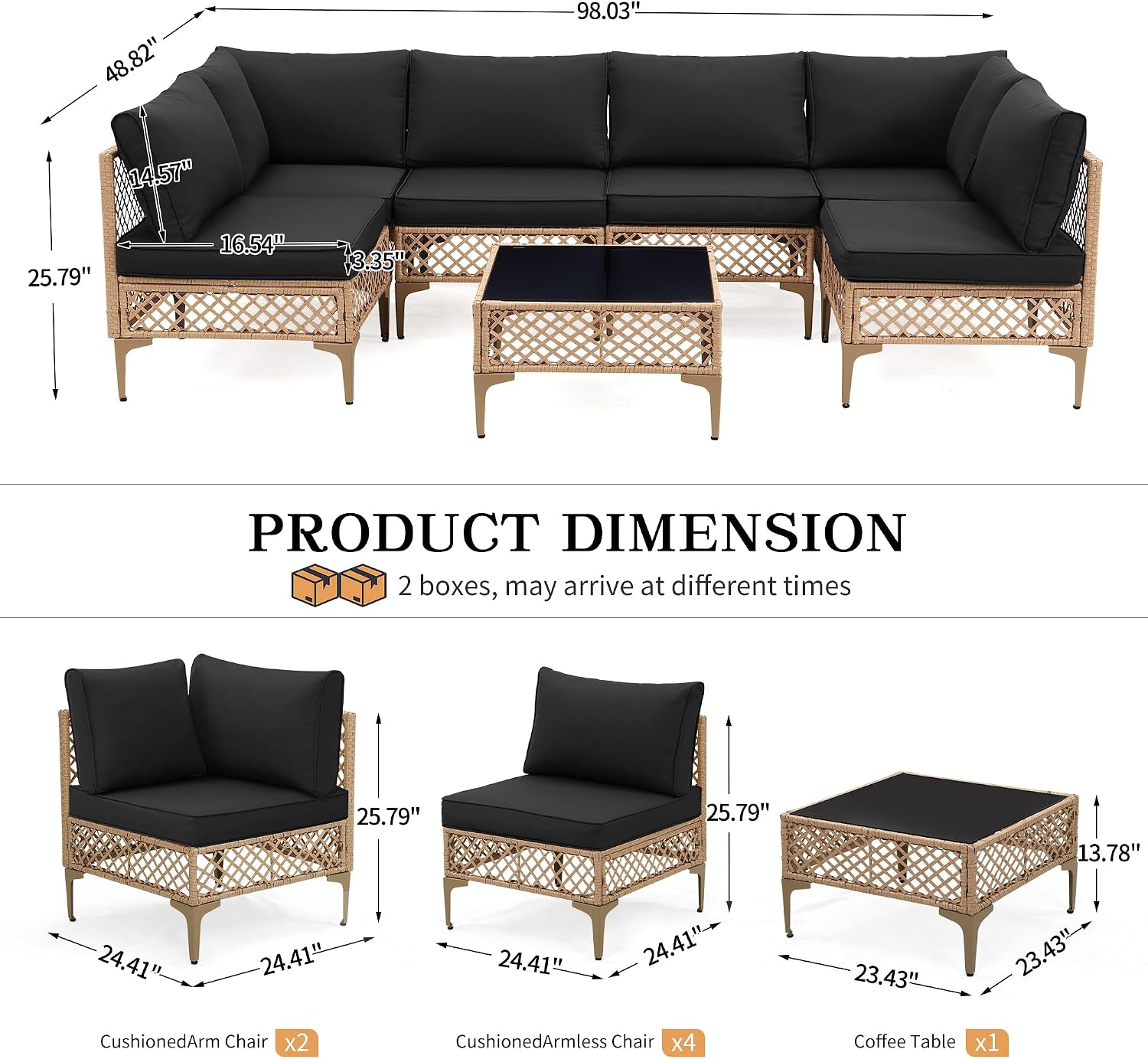 FHFO 7 Piece Patio Furniture Set, Outdoor Wicker Modular Sectional Patio Conversation Set with Thicker Cushion & Tempered Glass Coffee Table for Backyard, Poolside, Porch (Yellow/Black)