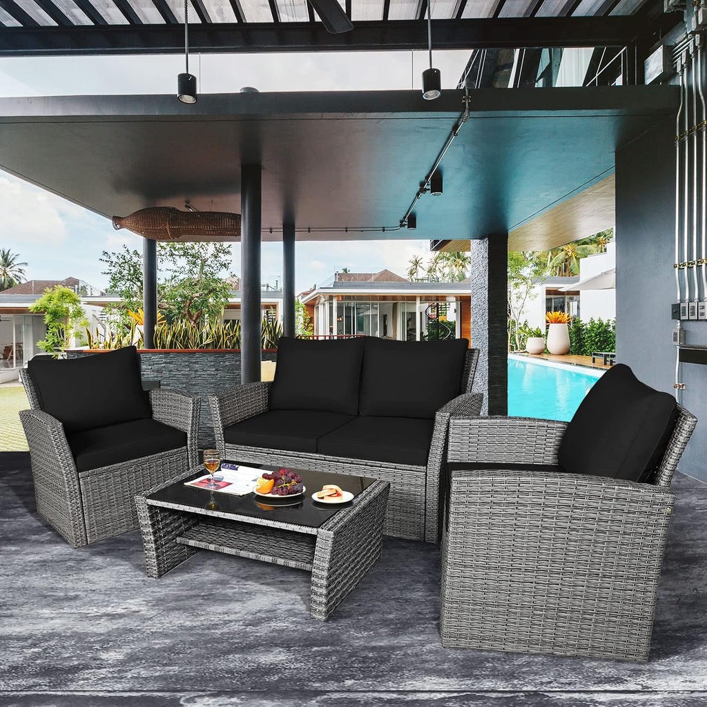 COSTWAY 4 Pieces Patio Rattan Furniture Set, Outdoor Wicker Sofa Set with Tempered Glass Coffee Table, Cushions, All Weather Rattan Conversation Set for Yard Balcony Backyard Pool (Black)