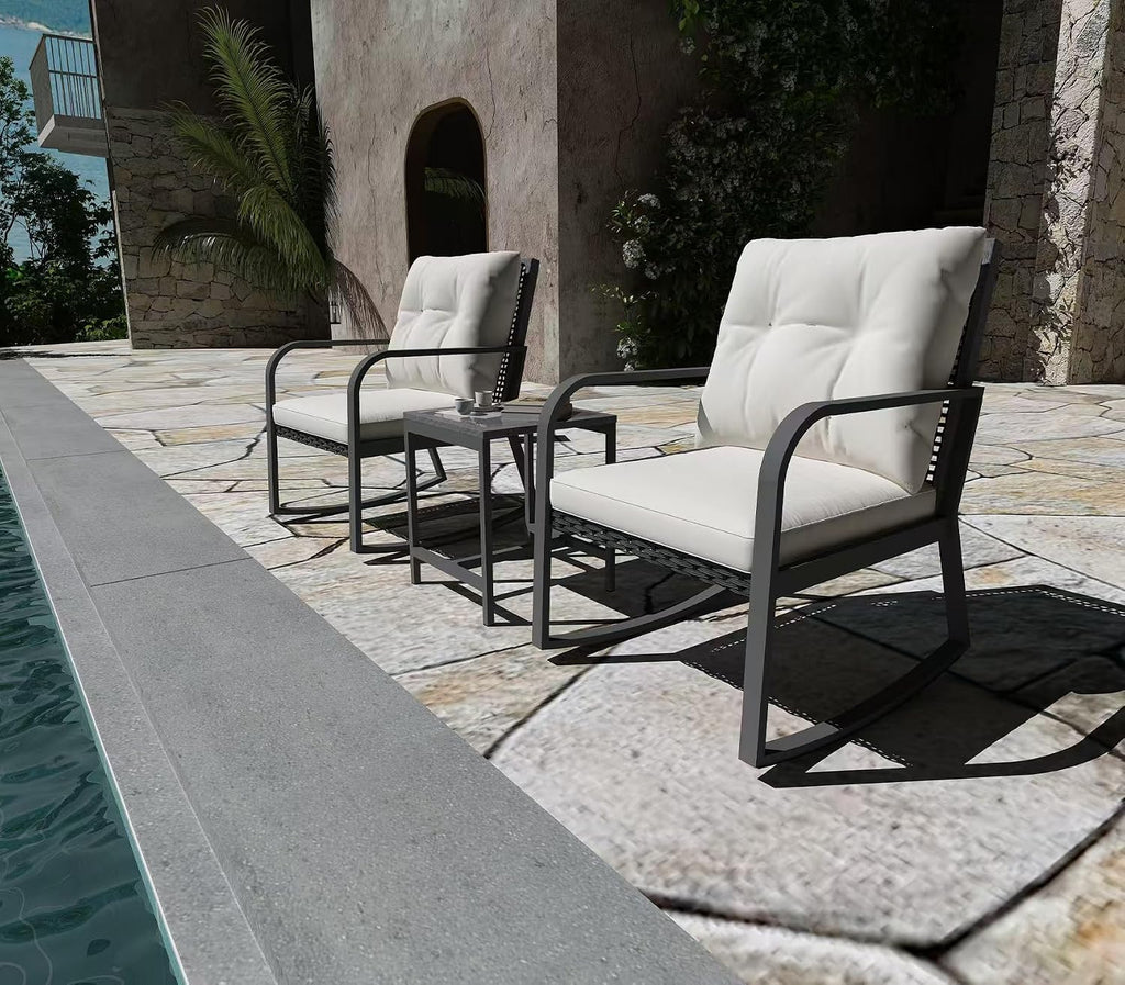 Bistro 3 Piece Patio Furniture Set, Patio Table and Rattan Outdoor Rocking Chairs Set of 2, Outdoor Bistro Conversation Set for, Garden, Balcony, Poolside, Backyard, Beige