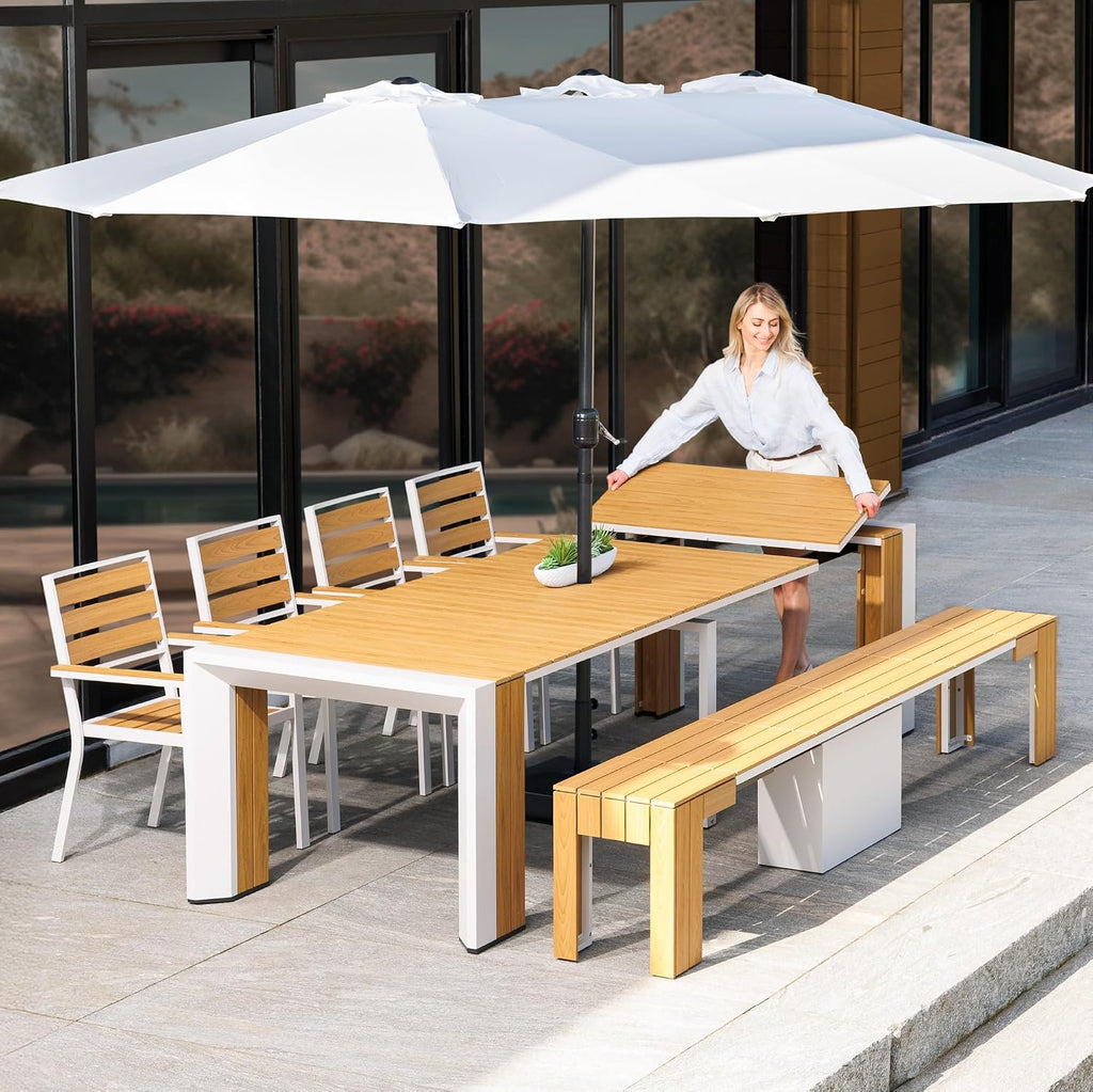 Transformer Table - Extendable Outdoor Dining Set up to 12, Expandable Patio Table, Weather-Resistant Patio Furniture, Light Oak, Natural (Table + Bench + 4 Chairs + Umbrella)
