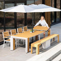 Transformer Table - Extendable Outdoor Dining Set up to 12, Expandable Patio Table, Weather-Resistant Patio Furniture, Light Oak, Natural (Table + Bench + 4 Chairs + Umbrella)