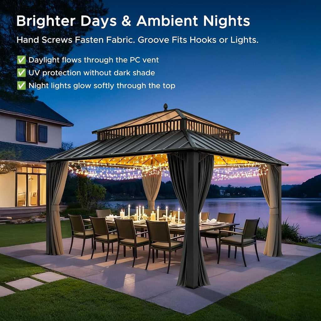 SUNJOY Kingston 14' x 12' Hardtop Gazebo with Galvanized Steel/Polycarbonate Double Roof, Curtain and Netting, Gray Aluminum Posts Permanent Pavilion Gazebo for Garden, Patio, Deck, Lawn