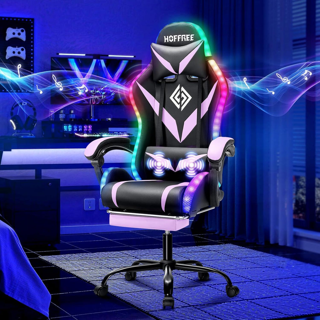 HOFFREE Gaming Chair Massage with Bluetooth Speakers and Led Lights Ergonomic Computer Gaming Chair with Footrest RGB Video Game Chair with High Back Lumbar Support Purple and Black