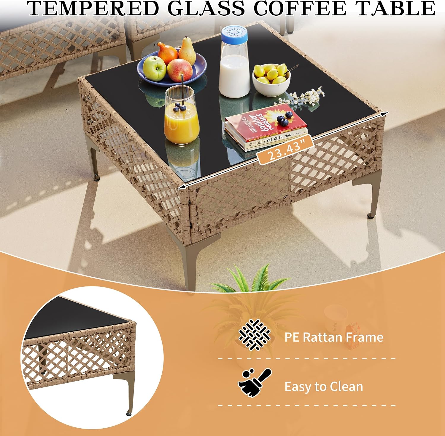FHFO 7 Piece Patio Furniture Set, Outdoor Wicker Modular Sectional Patio Conversation Set with Thicker Cushion & Tempered Glass Coffee Table for Backyard, Poolside, Porch (Yellow/Blue)