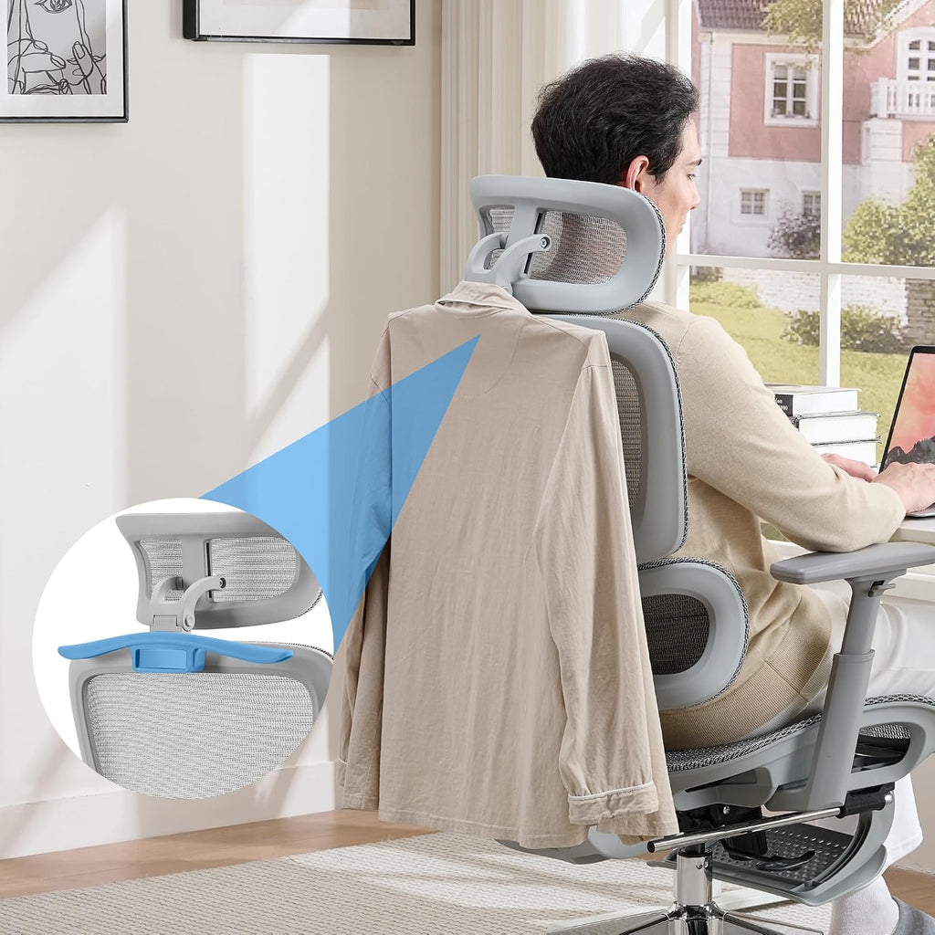 Mesh Ergonomic Office Chair with Footrest, High Back Mesh Gaming Chair with Lumbar Support, Adjustable Headrest and Armrests for Home Office Desk Chair (Modern, Grey)