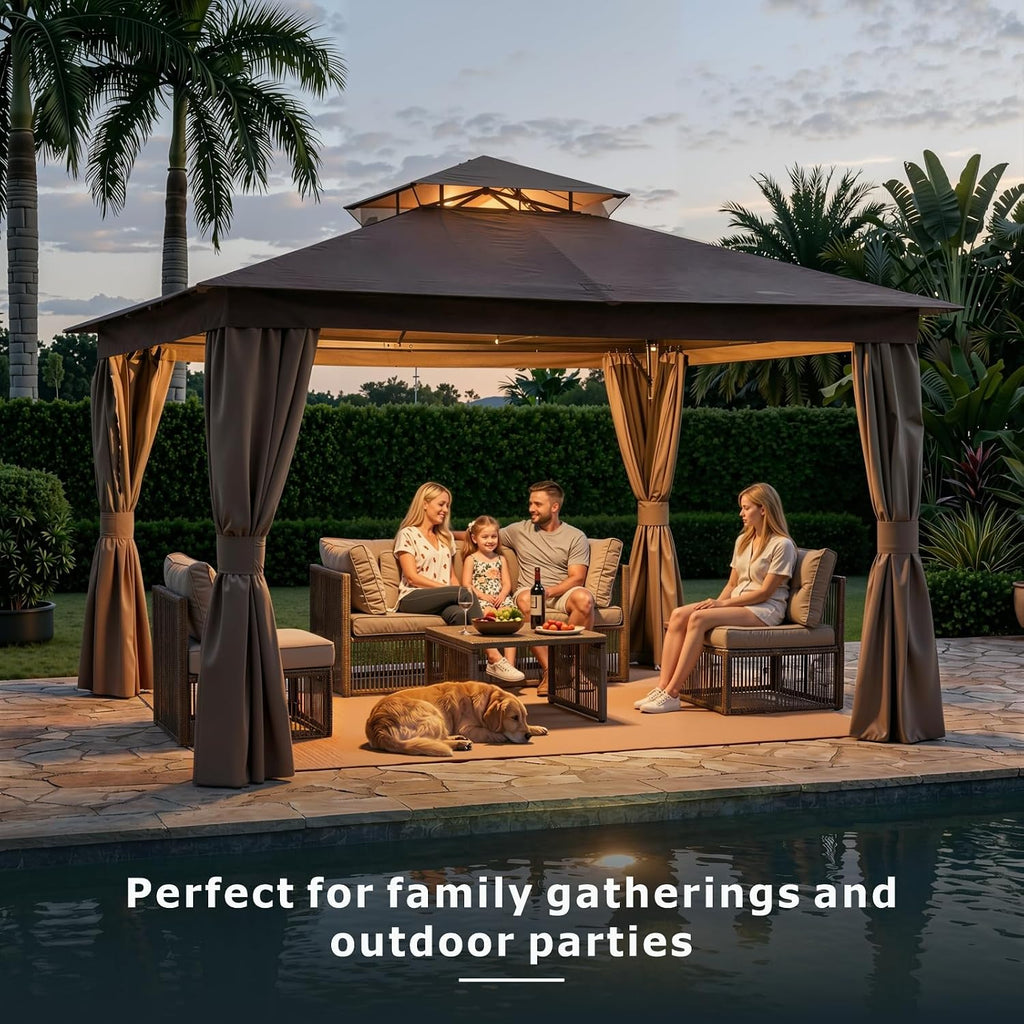 10'x12' Outdoor Gazebo, Heavy Duty Metal Frame Patio Gazebo Canopy with Waterproof Double Roofs, Tent Shelter with UPF50+ Protection, Mosquito Netting and Privacy Screens for Backyard, Garden, Lawn
