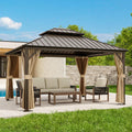 12x14 Hardtop Gazebo with Netting and Curtains, Galvanized Steel Double Roof Outdoor Pavilion with Aluminum Frame, Patio Gazebo for Deck, Garden, Lawn, Dark Brown/Tan