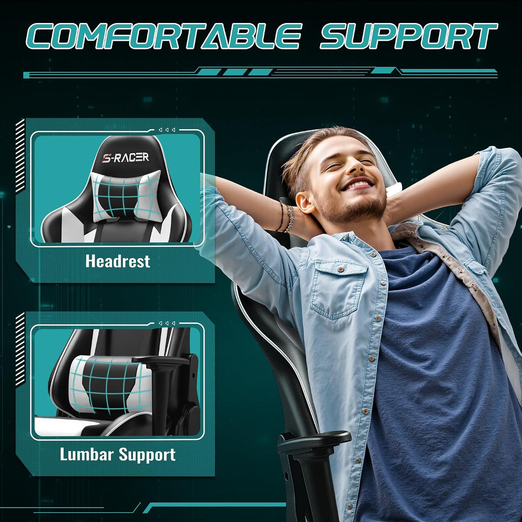 Furniwell Gaming Chair PU Leather Office Chair High Back Computer Desk Chair Adjustable Swivel Racing Executive Leather Ergonomic Task with Headrest and Lumbar Support (White)