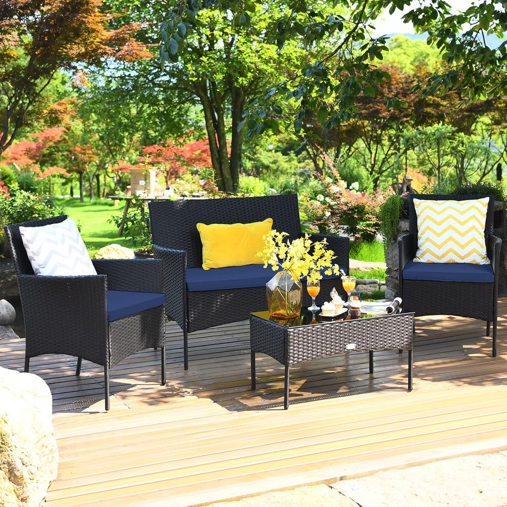 Tangkula 4 Pieces Patio Furniture Set, Outdoor Wicker Conversation Set with Tempered Glass Tabletop, Rattan Sofa and Chairs Set with Off White & Navy Cushion Covers