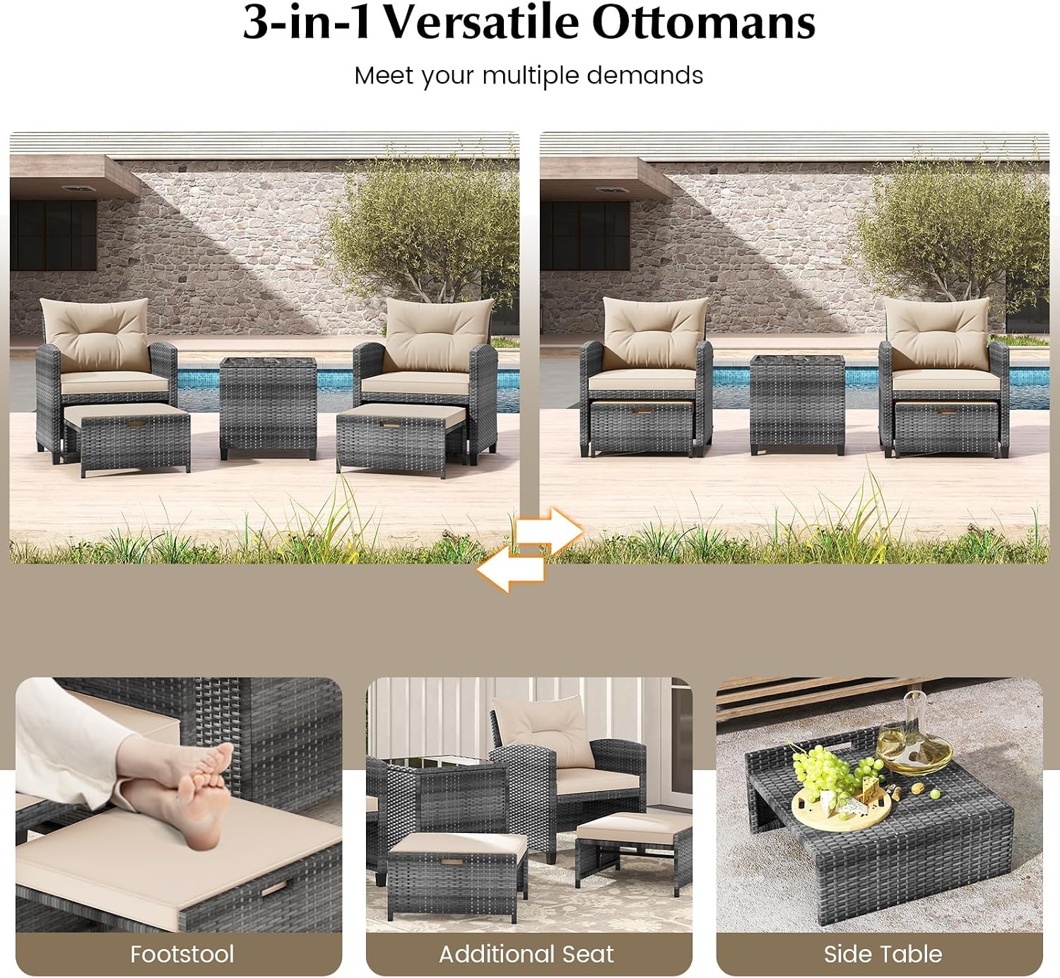 KOTEK 5 Pieces Patio Furniture Set with Ottomans, Wicker Patio Conversation Set with Coffee Table & Cushions, PE Rattan Outdoor Lounge Chairs for Backyard, Porch, Poolside (Mix Grey- Beige)