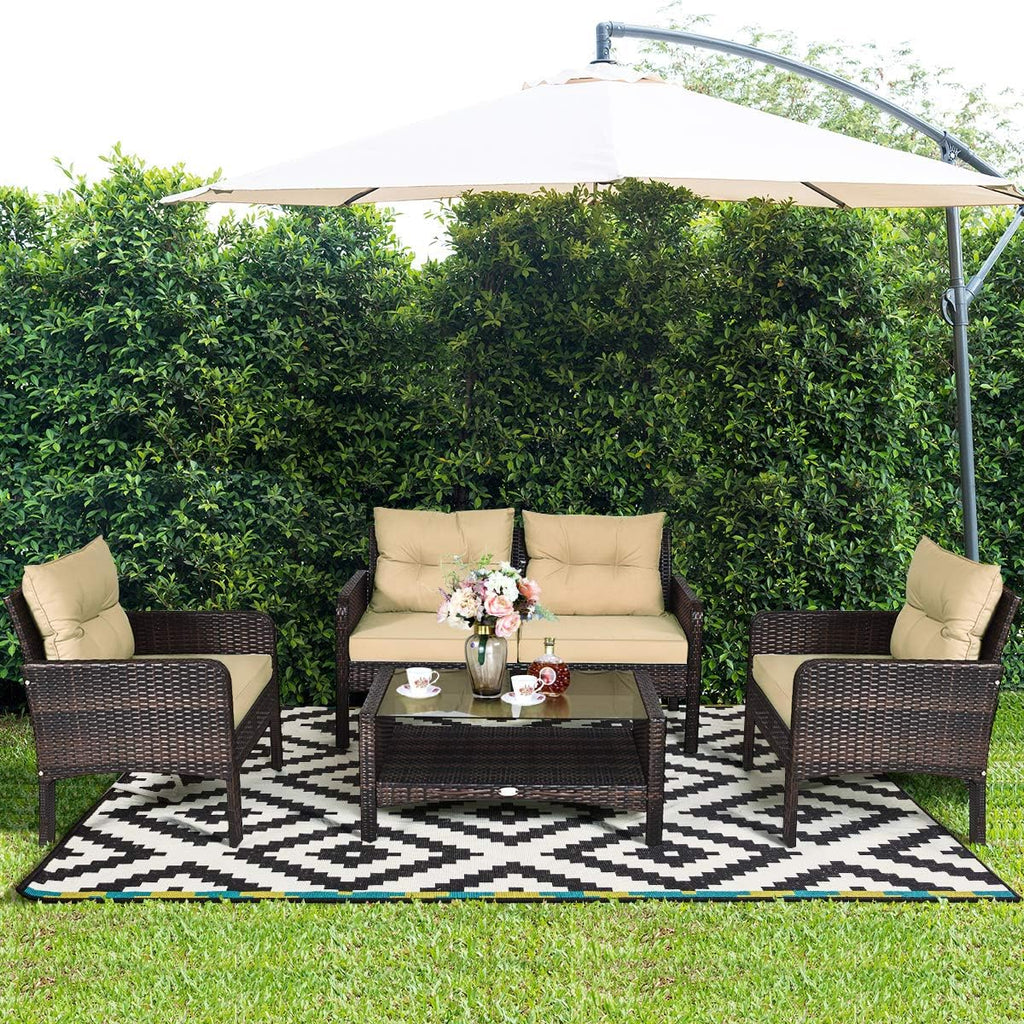 COSTWAY 4-Piece Patio Furniture Set, Sectional Wicker Rattan Sofa Chair with Cushion, Loveseat, Coffee Table with Tempered Glass and Shelf, Outdoor Conversation Sets for Poolside Porch (Brown)
