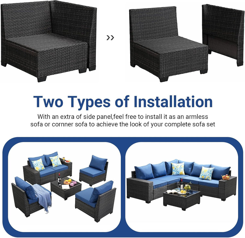 Jing's Villa 8-Piece Patio Furniture Set, All-Weather Outdoor Wicker Sectional Sofa with Cushions, Glass Table & Left and Right Armrest, Rattan Conversation Seating for Porch, Garden, Backyard,Navy