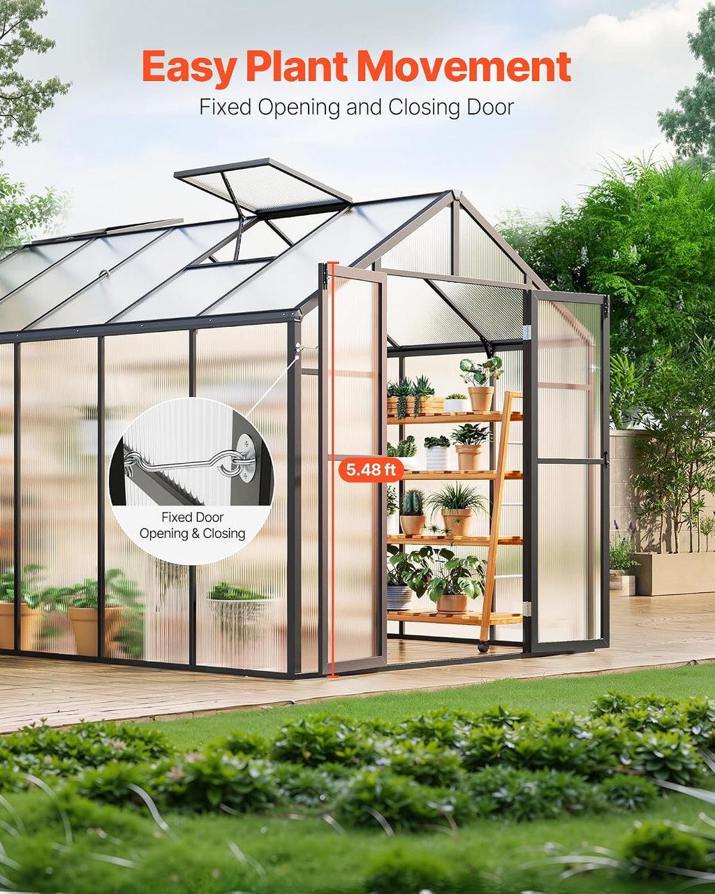 VEVOR Polycarbonate Greenhouse, 8 x 12 Ft, Outdoor Greenhouse with 2 Vent Windows, Pavilion Styled with Hinged Door, Aluminum Large Walk-in Greenhouse Kit for Outside Garden Backyard