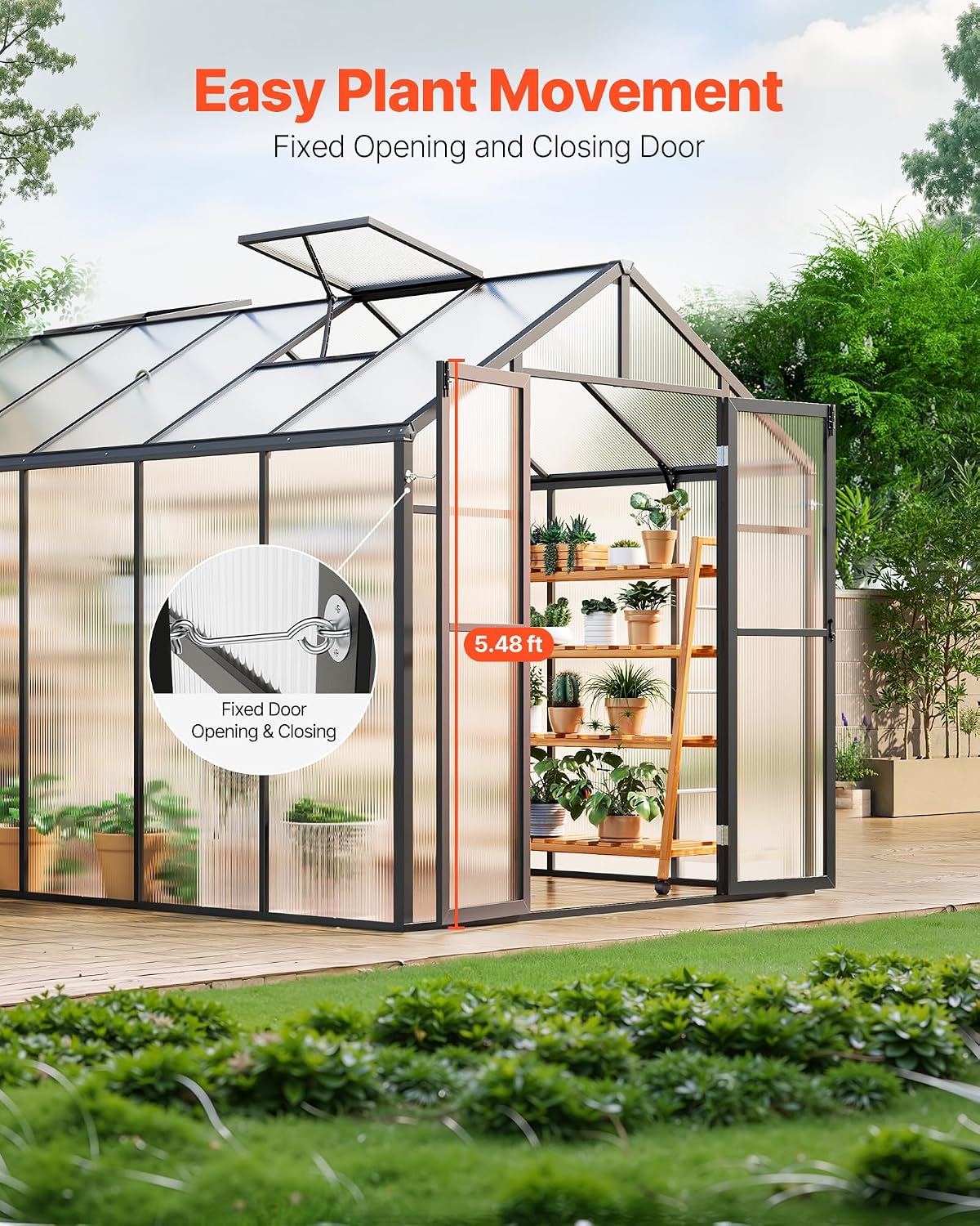 VEVOR Polycarbonate Greenhouse, 8 x 12 Ft, Outdoor Greenhouse with 2 Vent Windows, Pavilion Styled with Hinged Door, Aluminum Large Walk-in Greenhouse Kit for Outside Garden Backyard