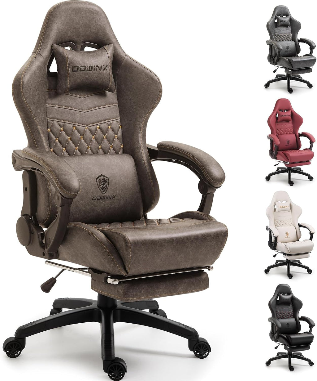Dowinx Big & Tall Vintage Gaming Chair for Adults, 400 lb Capacity Heavy Duty Ergonomic Computer Chair with Massage Lumbar, Footrest & Easy Side Recline, Brown