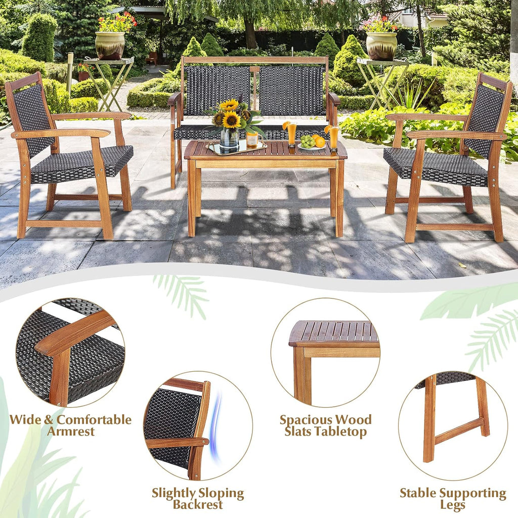 Tangkula 4 Pieces Patio Rattan Conversation Set with Acacia Wood Frame, Patiojoy Outdoor Furniture Set with Chairs & Coffee Table, Sectional Furniture Set for Garden, Backyard, Poolside
