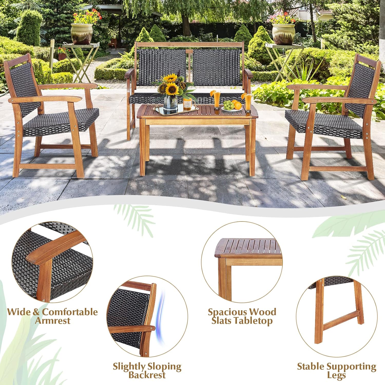 Tangkula 4 Pieces Patio Rattan Conversation Set with Acacia Wood Frame, Patiojoy Outdoor Furniture Set with Chairs & Coffee Table, Sectional Furniture Set for Garden, Backyard, Poolside