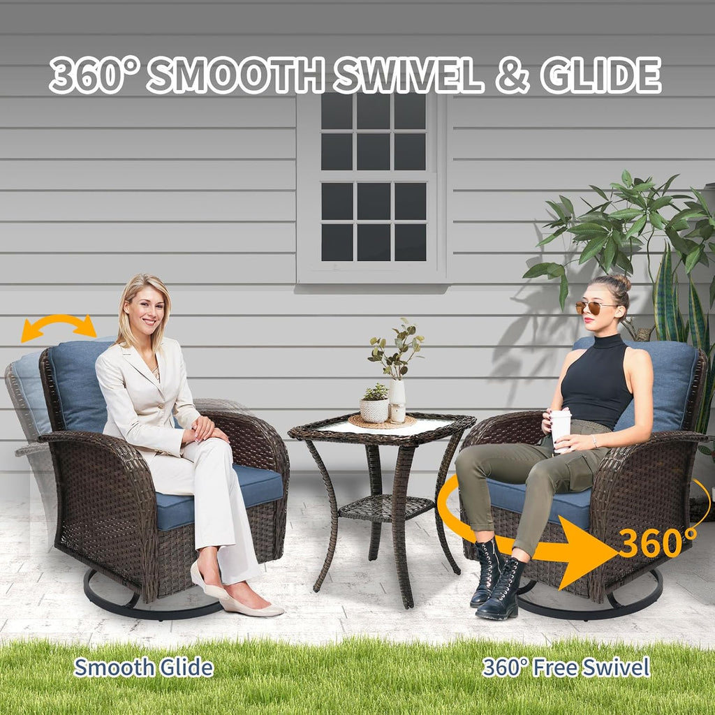 SHGJ&SOFT 3 Piece Patio Furniture Set, 2 Outdoor Swivel Rocking Chairs with Side Table, Wicker Glider Chairs, All-Weather Rattan Bistro Set for Porch, Deck, Pool (Blue, Brown Full-Weave Rattan)