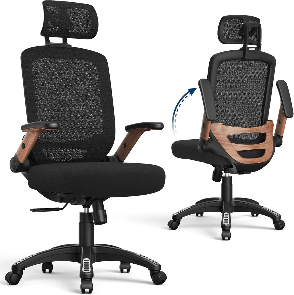 GABRYLLY Ergonomic Office Chair, High Back Home Desk Chair with Flip-Up Arms, 3D Headrest, Thick Sponge Seat &90-120° Recline, Big and Tall Mesh Executive Chairs for Man Woman, Black Woodgrain