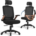 GABRYLLY Ergonomic Office Chair, High Back Home Desk Chair with Flip-Up Arms, 3D Headrest, Thick Sponge Seat &90-120° Recline, Big and Tall Mesh Executive Chairs for Man Woman, Black Woodgrain