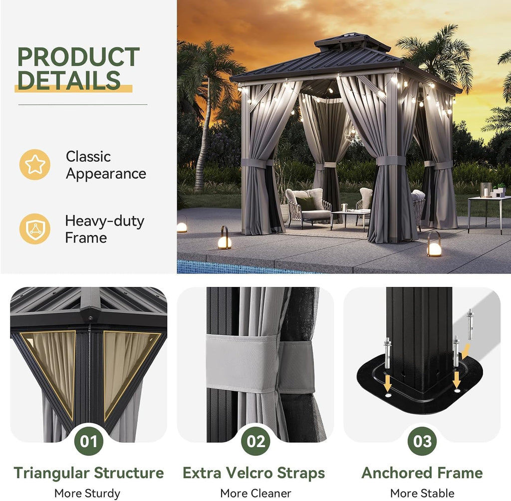 Aoxun 8x8 Hardtop Gazebo, Aluminum Frame Outdoor Gazebo with Double Galvanized Steel Roof, Patio Pavilion with Netting and Curtains, Backyard Gazebo for Patio Deck Garden
