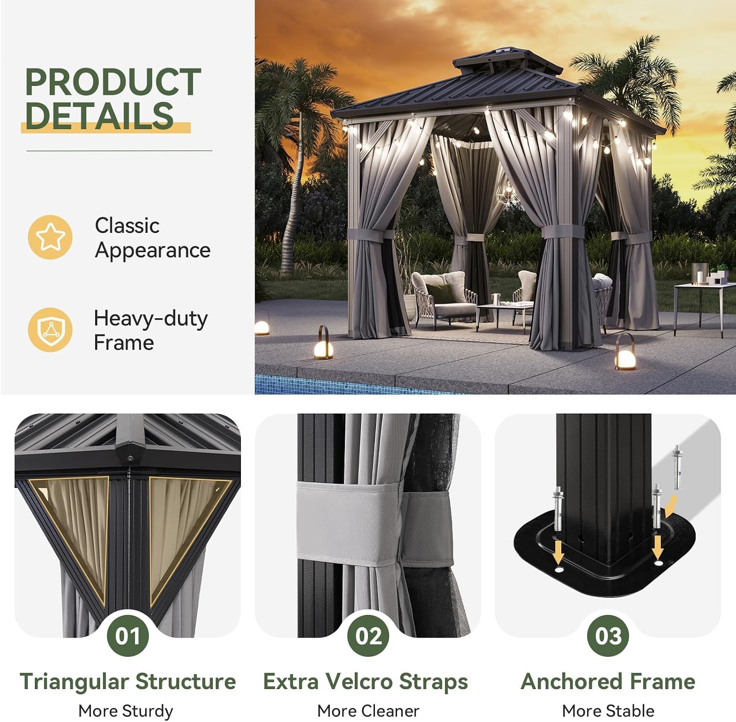 Aoxun 8x8 Hardtop Gazebo, Aluminum Frame Outdoor Gazebo with Double Galvanized Steel Roof, Patio Pavilion with Netting and Curtains, Backyard Gazebo for Patio Deck Garden