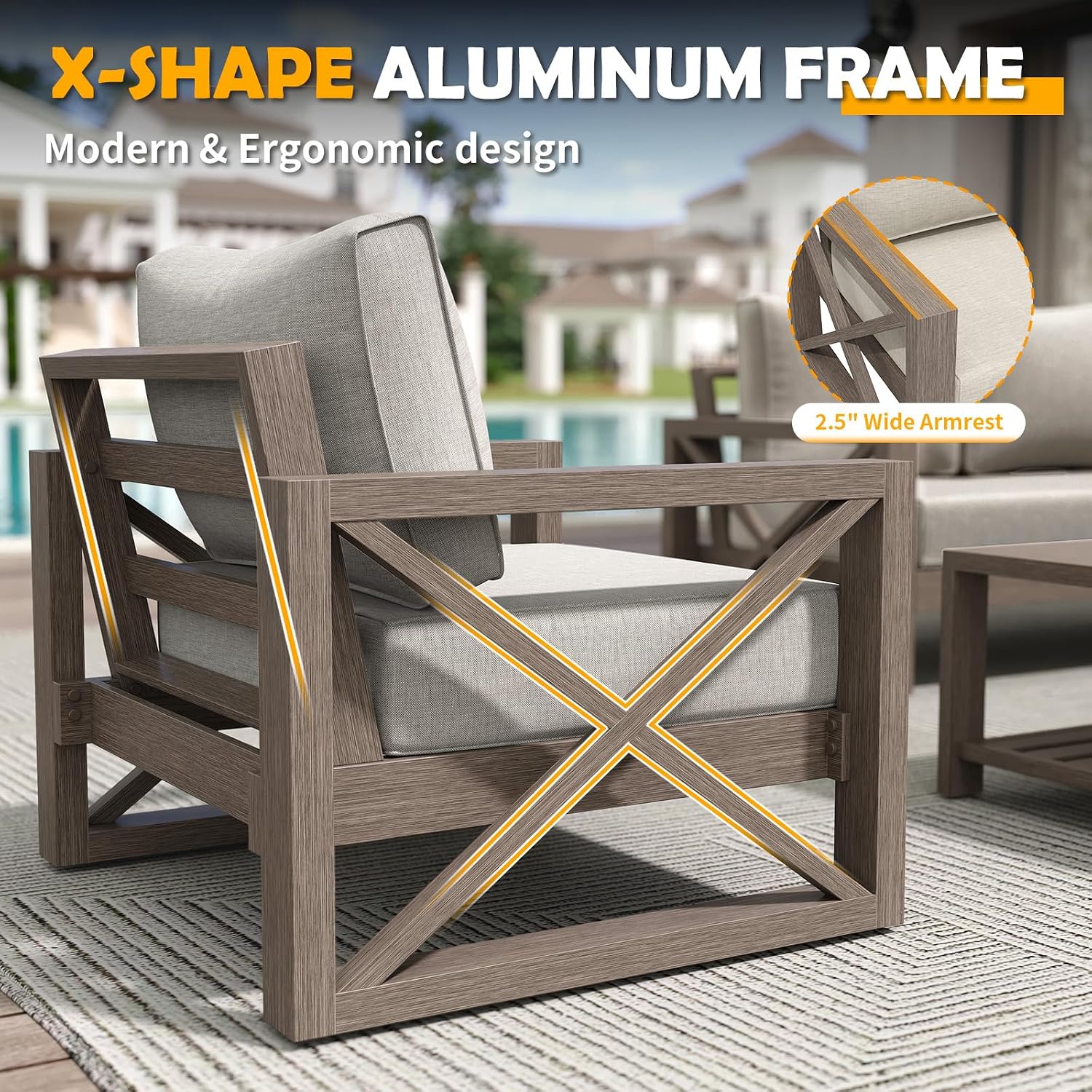 Amopatio Aluminum Patio Furniture Set, 8 Pieces Modern Metal Outdoor Furniture, Faux Wood Grain Finish Frame Patio Sofa Sets with 6' Cushion for Backyard, Beige (Included Waterproof Covers)