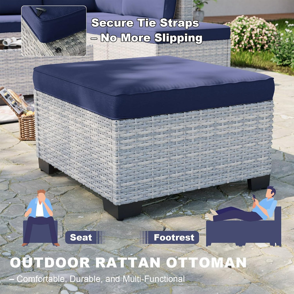 13-Piece Patio Furniture Set, Outdoor Patio Furniture with Swivel Chairs Set, Ottomans, 55,000 BTU Fire Pit Table, Modular Patio Sofa, Dual-Strand Wicker Rattan, Rust-Resistant Frame, Navy Blue