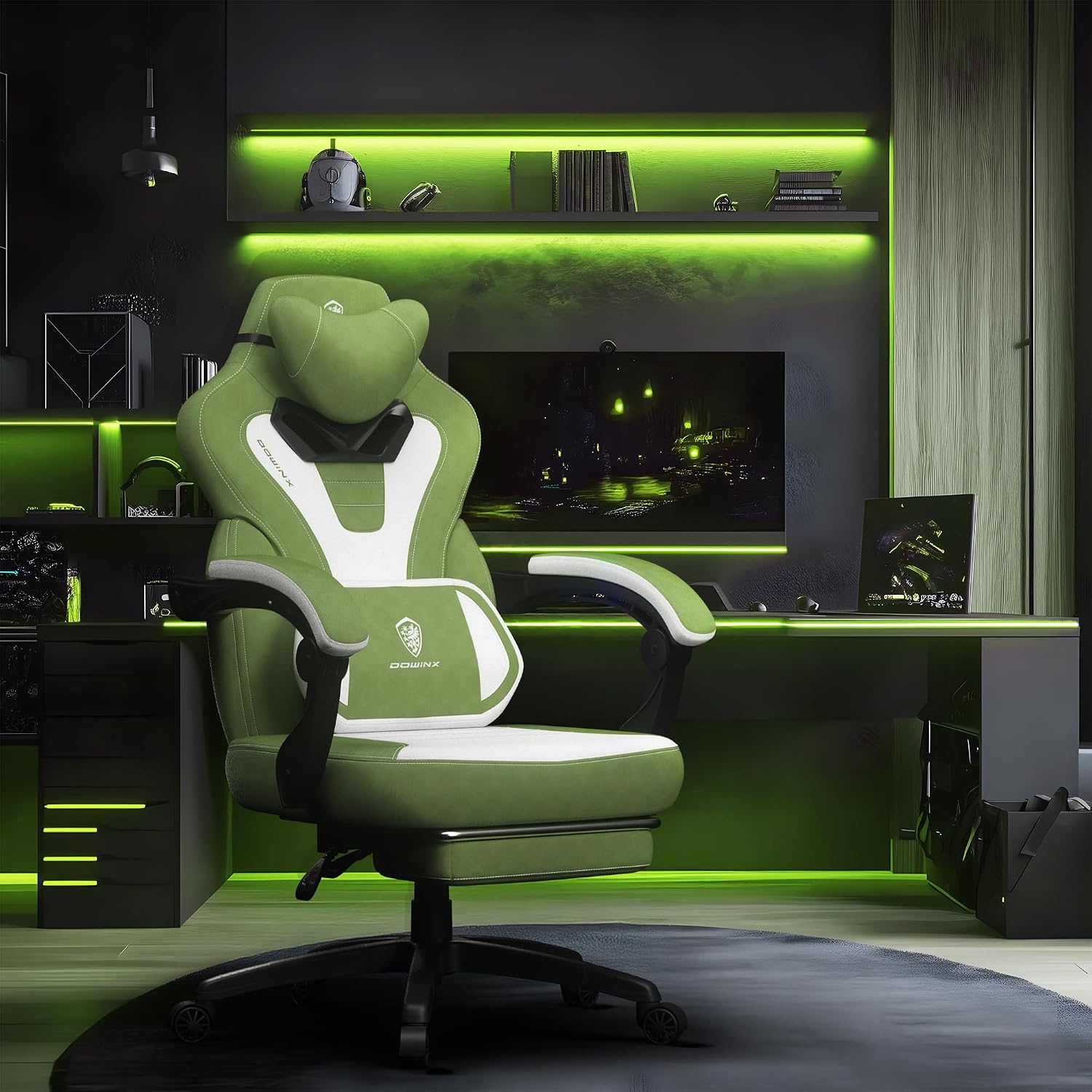 Dowinx Fabric Gaming Chair with Footrest,Big and Tall Game Chair for Heavy People, Gamer Chair with Massage Lumbar Support,Ergonomic Computer Gaming Chair for Adults, Fabric Green