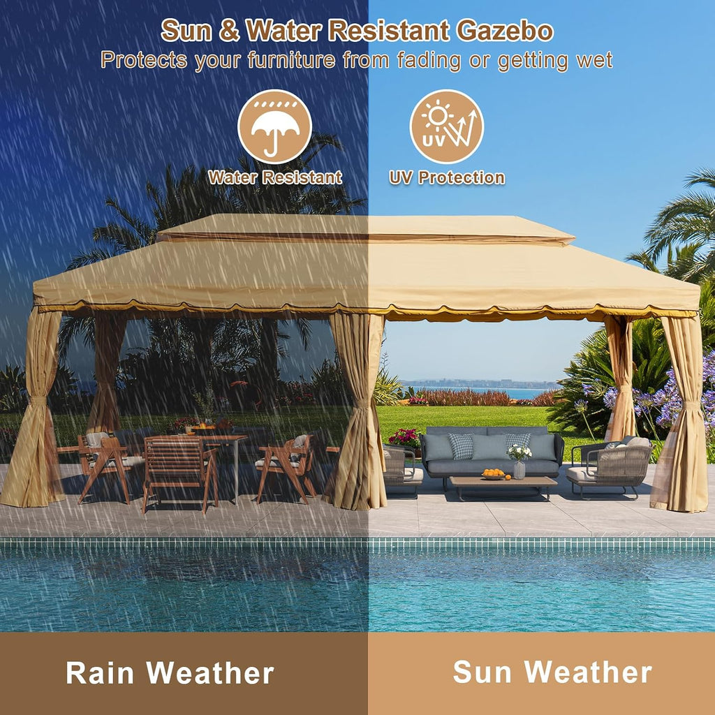 Erommy 10x20 Outdoor Canopy Gazebo, Double Roof Patio Gazebo Steel Frame with Netting and Shade Curtains for Garden,Patio,Party Canopy, Beige