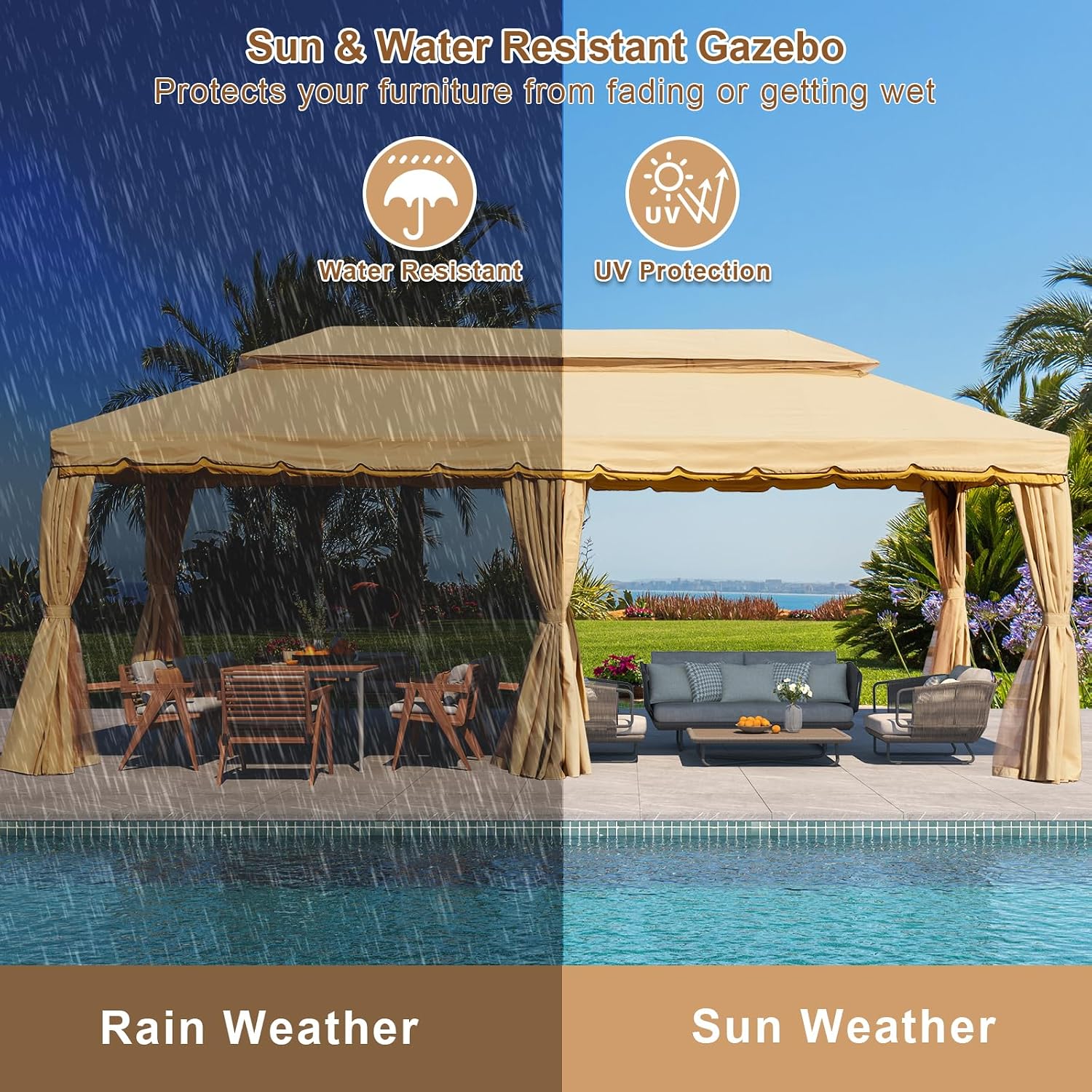 Erommy 10x20 Outdoor Canopy Gazebo, Double Roof Patio Gazebo Steel Frame with Netting and Shade Curtains for Garden,Patio,Party Canopy, Beige