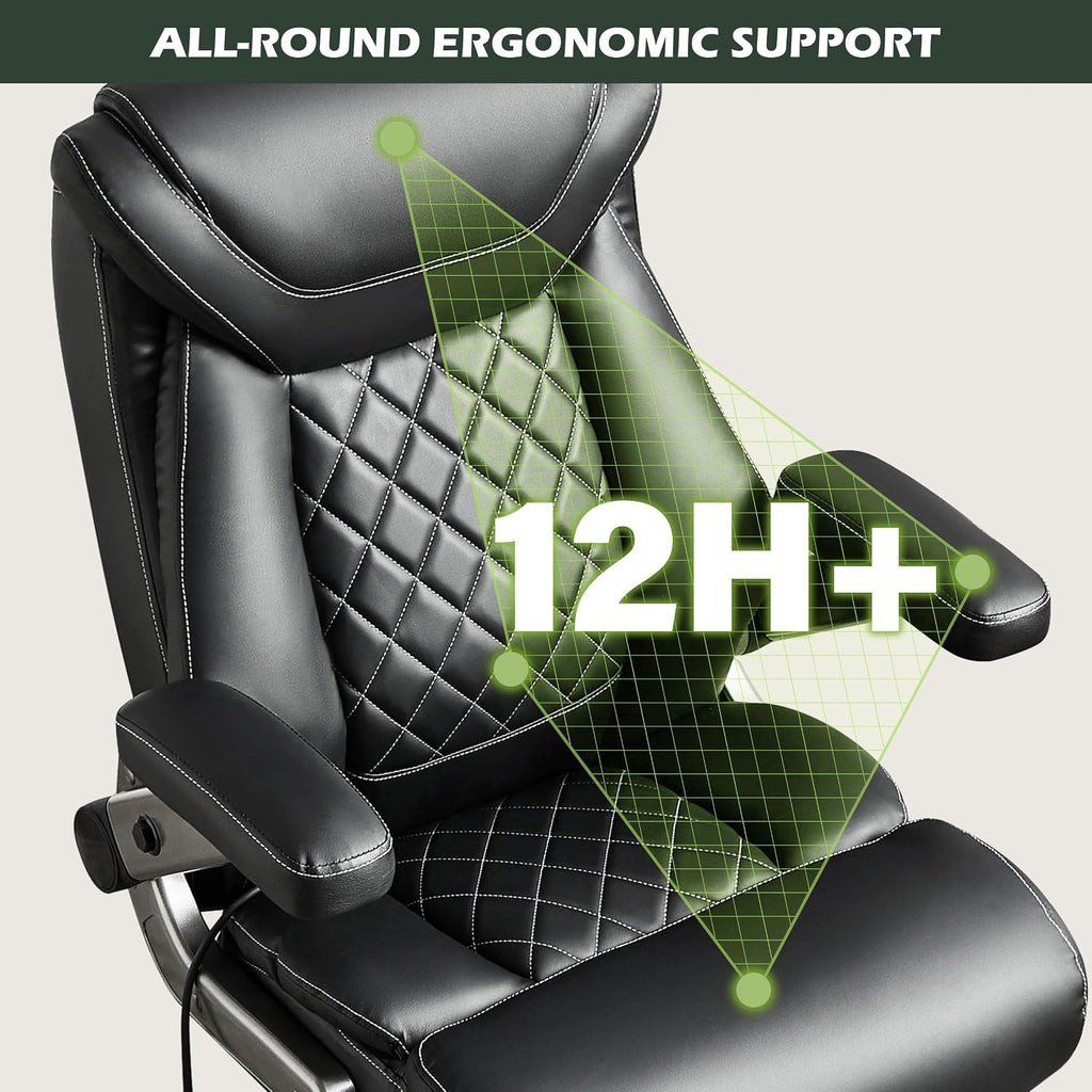 Large Big and Tall Office Chair 650lbs with Thick Spring Cushion, 5D Flip Arm Ergonomic Executive Office Chair Adjustable Lumbar Airbag&Extra Wide, Comfy Padded Heavy Duty Game Chair Dual Rubber Wheel