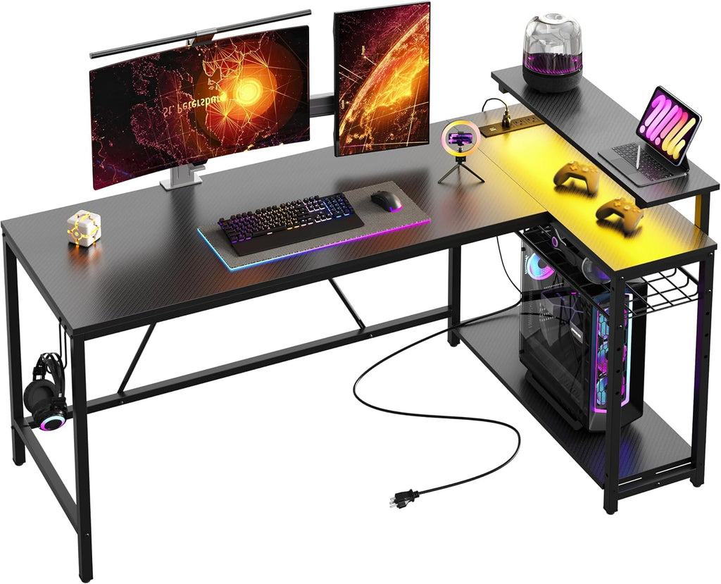 Bestier 58 L Shaped Gaming Desk with LED Lights & Power Outlets,Reversible Home Office Corner Desk with Shelves,Larger PC Workstation with Hooks for Studying,Desk for Bedroom,Carbon Fiber Black