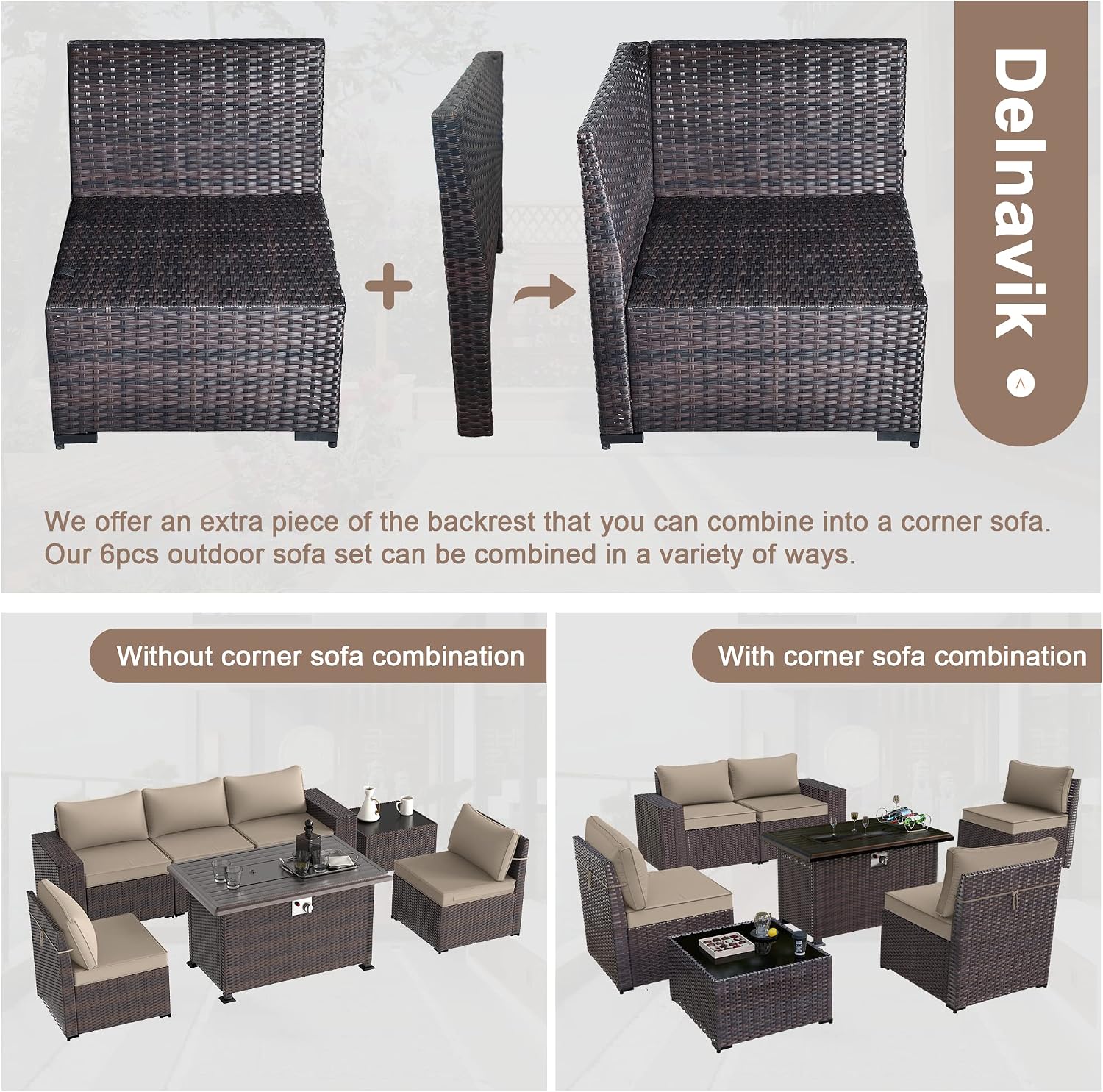 Kurapika 7 Pieces Patio Furniture Set, Rattan Outdoor Conversation Sets w/43in Propane Fire Pit Table and 4 Inch Cushion(Sand)