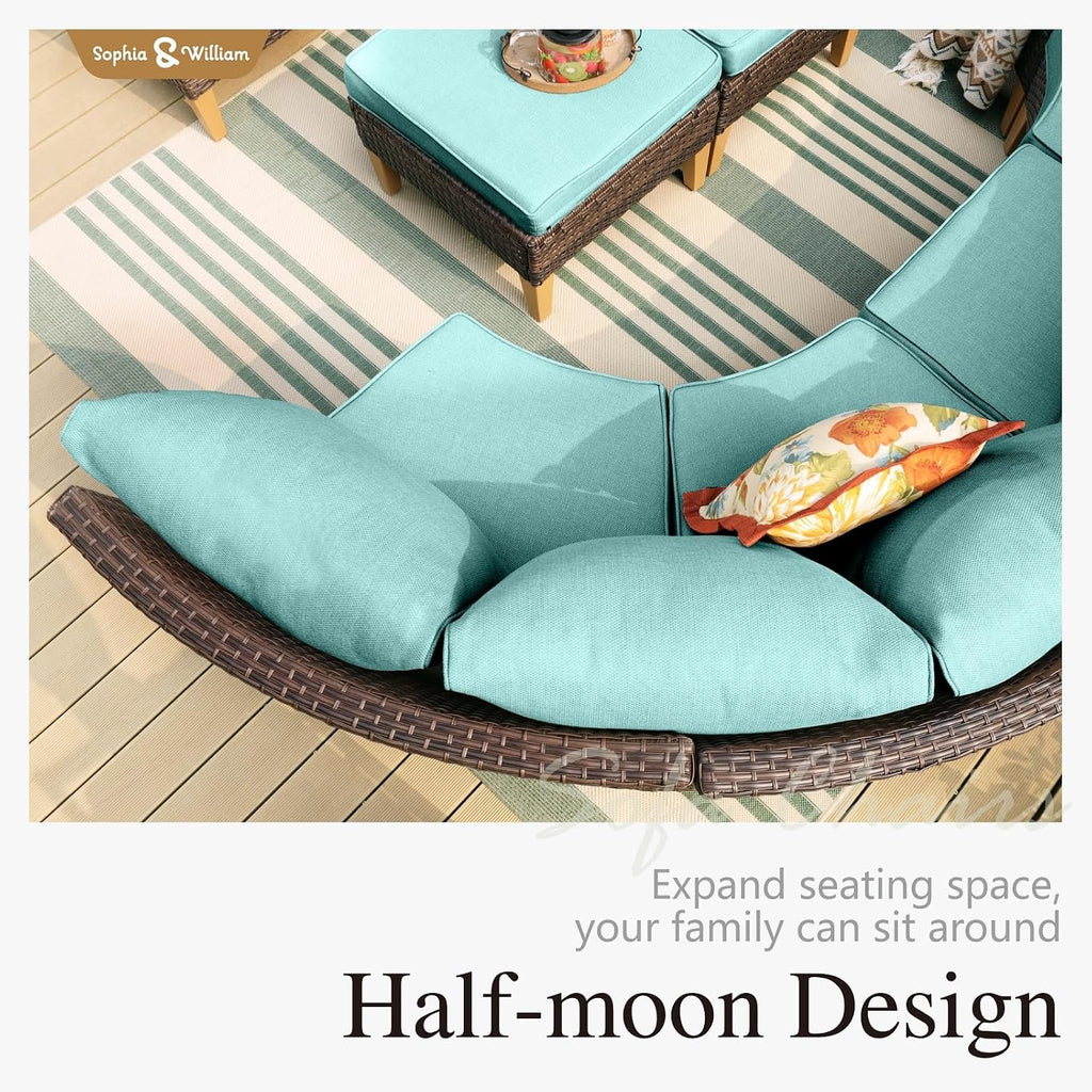 Sophia & William Patio Furniture Set, 5 Piece Half Moon Outdoor Wicker Sectional Sofa Set, Rattan Conversation Set for Backyard, Deck, Pool(Aqua Blue)