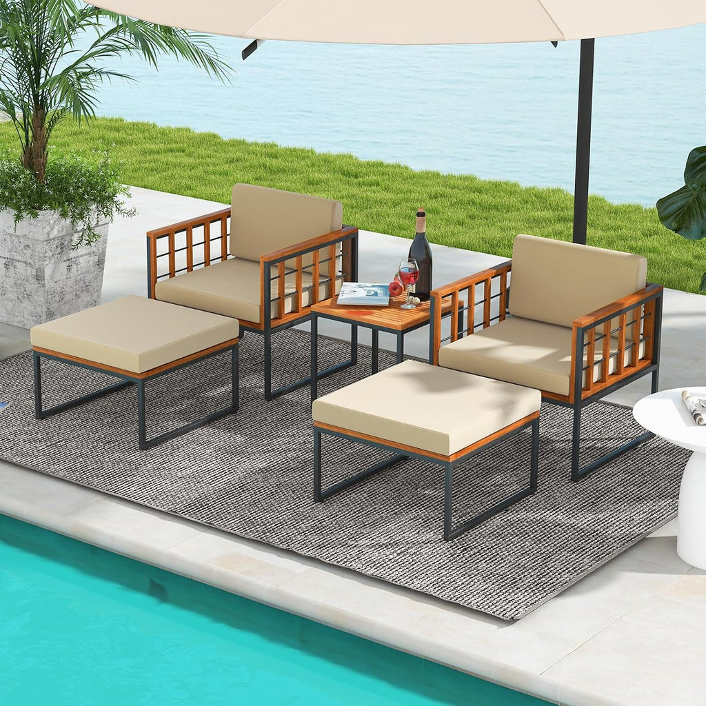 Tangkula 5 Pieces Acacia Wood Patio Furniture Set with Ottomans, Outdoor Conversation Set with Soft Cushions and Coffee Table for Poolside, Garden, Balcony and Backyard (Beige)