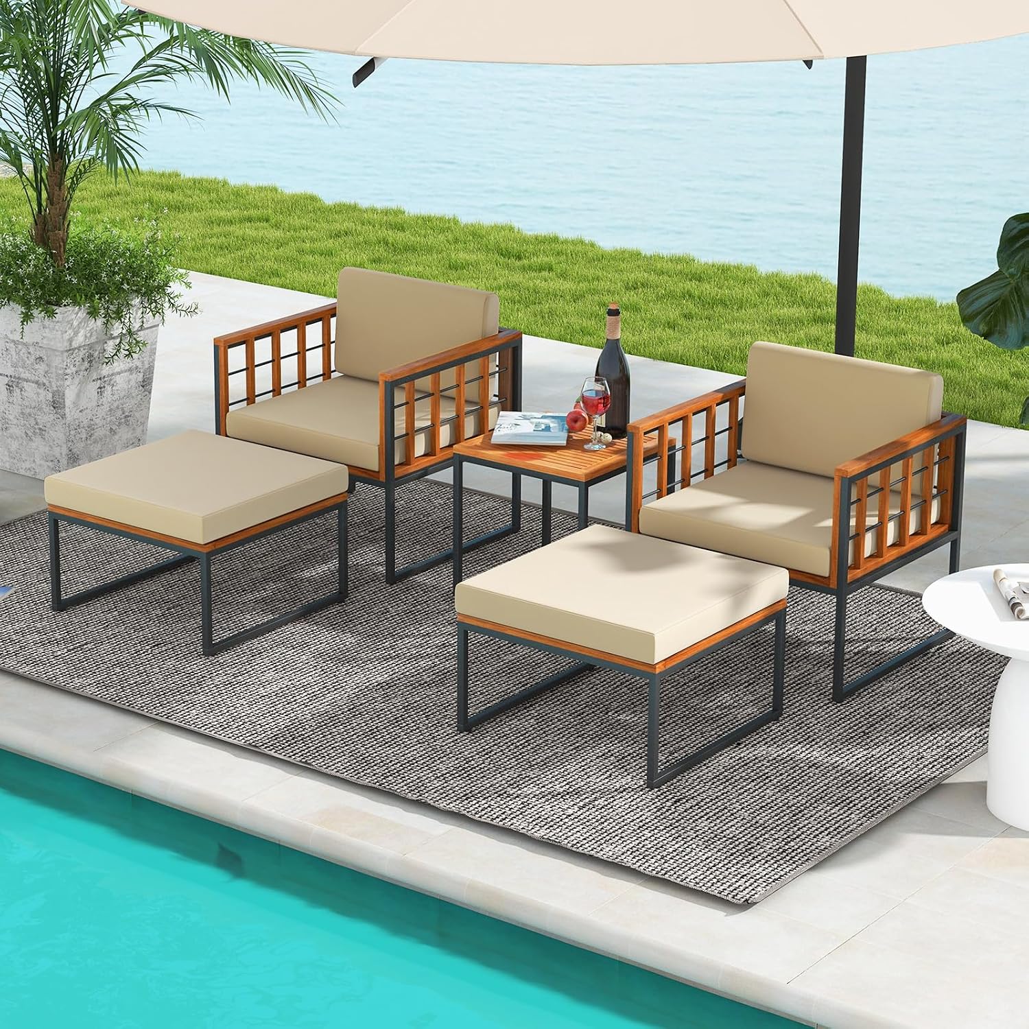Tangkula 5 Pieces Acacia Wood Patio Furniture Set with Ottomans, Outdoor Conversation Set with Soft Cushions and Coffee Table for Poolside, Garden, Balcony and Backyard (Beige)