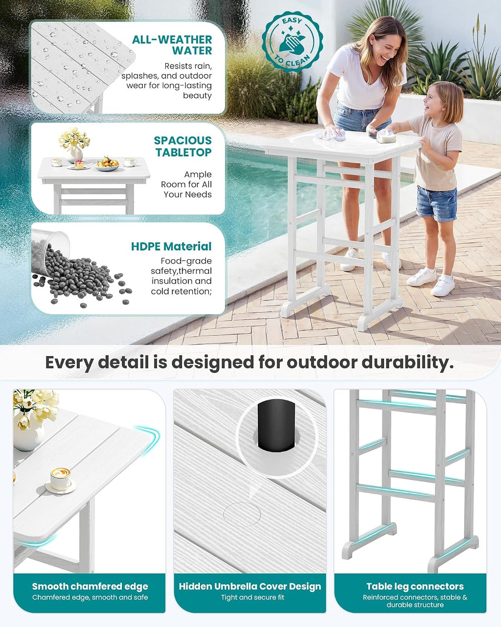 SERWALL 4 Pieces Outdoor Patio Bar Set with 9ft Umbrella, Outdoor HDPE Barstool and Table Furniture Set with Patio Umbrella, White