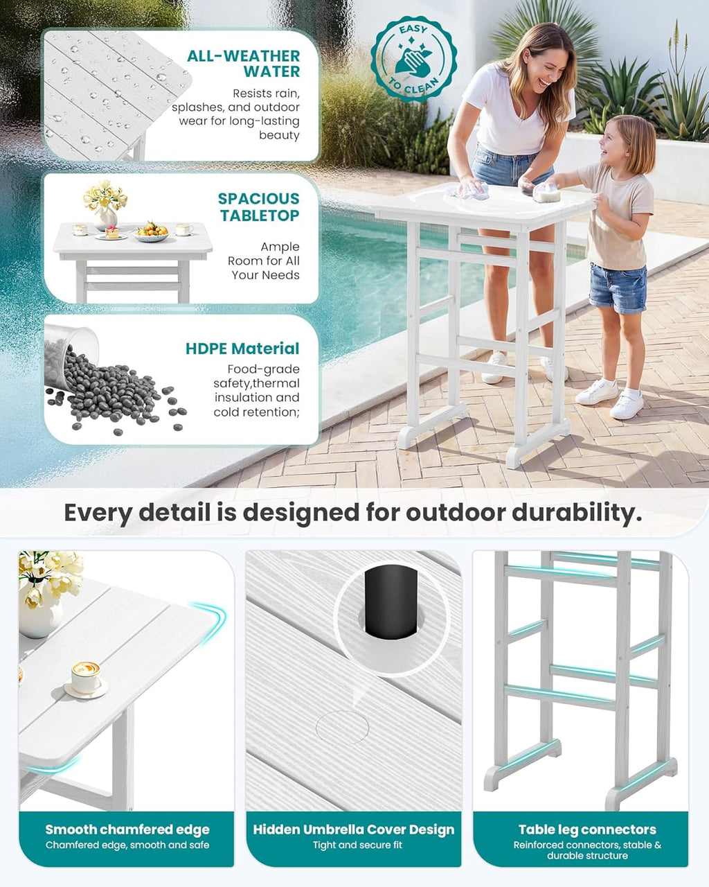 SERWALL 6 Pieces Outdoor Patio Bar Set with 9ft Umbrella, Outdoor HDPE Barstool and Table Furniture Set with Patio Umbrella, White