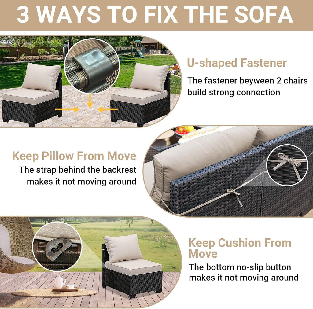 Jing's Villa 7-Piece Patio Furniture Set, All-Weather Outdoor Wicker Sectional Sofa with Cushions, Tempered Glass Table & Ottoman, Rattan Conversation Seating for Porch, Garden, Backyard,Beige