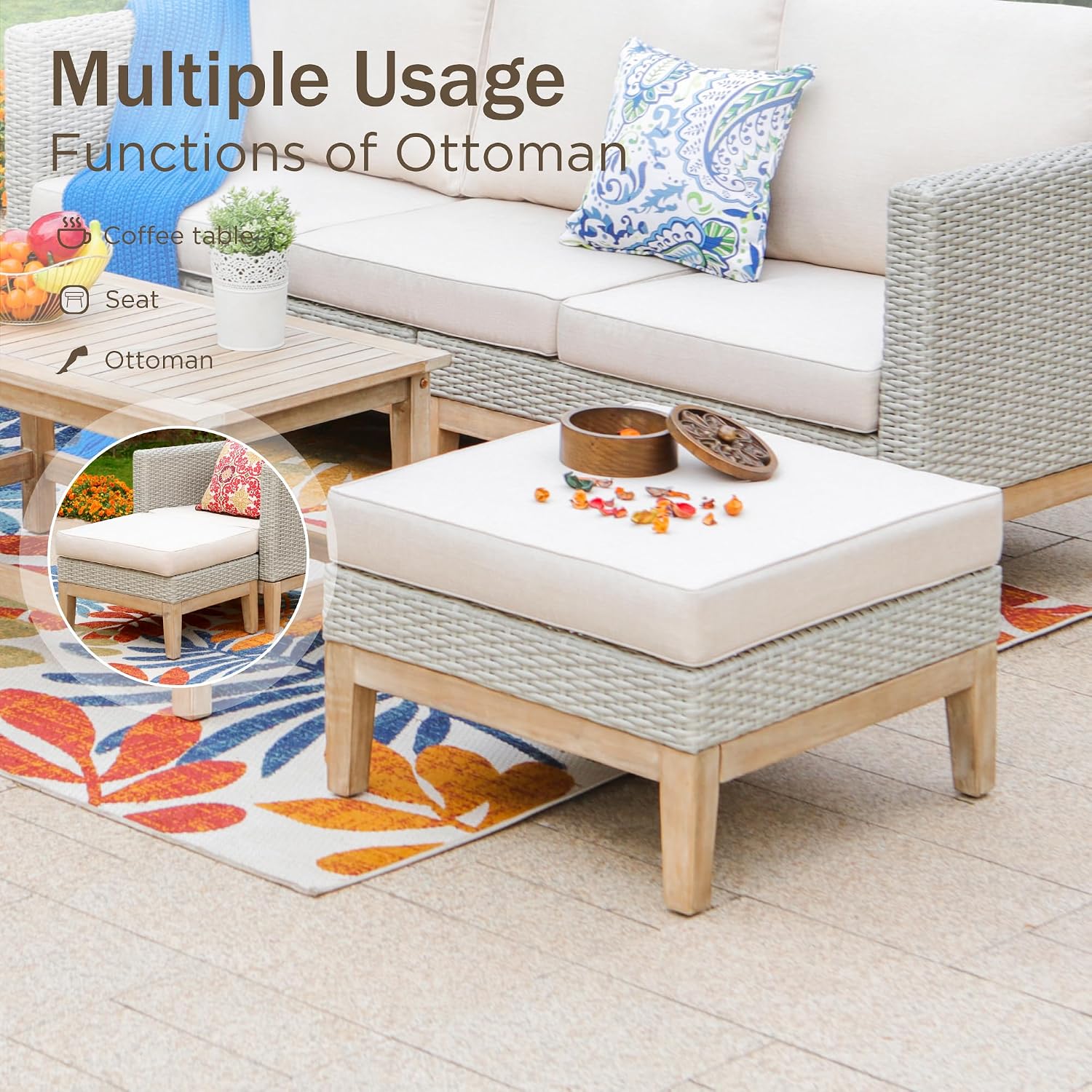 PHI VILLA All Weather Wicker Patio Furniture Sets, 5 Pieces Outdoor Natural Rattan Sectional Sofa Conversation Set with Acacia Wood Coffee Table & Waterproof Cushions, 2 Ottomans for Apartment Balcony