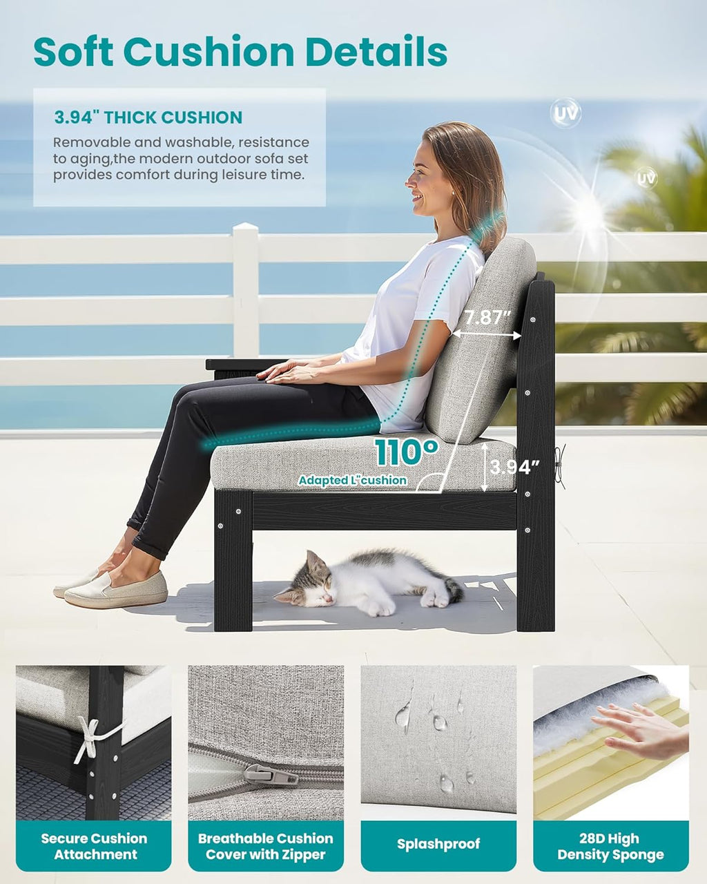 SERWALL HDPE Patio Loveseat Sofa, 2 Pieces Single Sofa, Weather-Resistant Outdoor Furniture Chair with Thick Removable Cushion, Balcony, Garden, Backyard, Poolside, Black Frame with Khaki Cushion