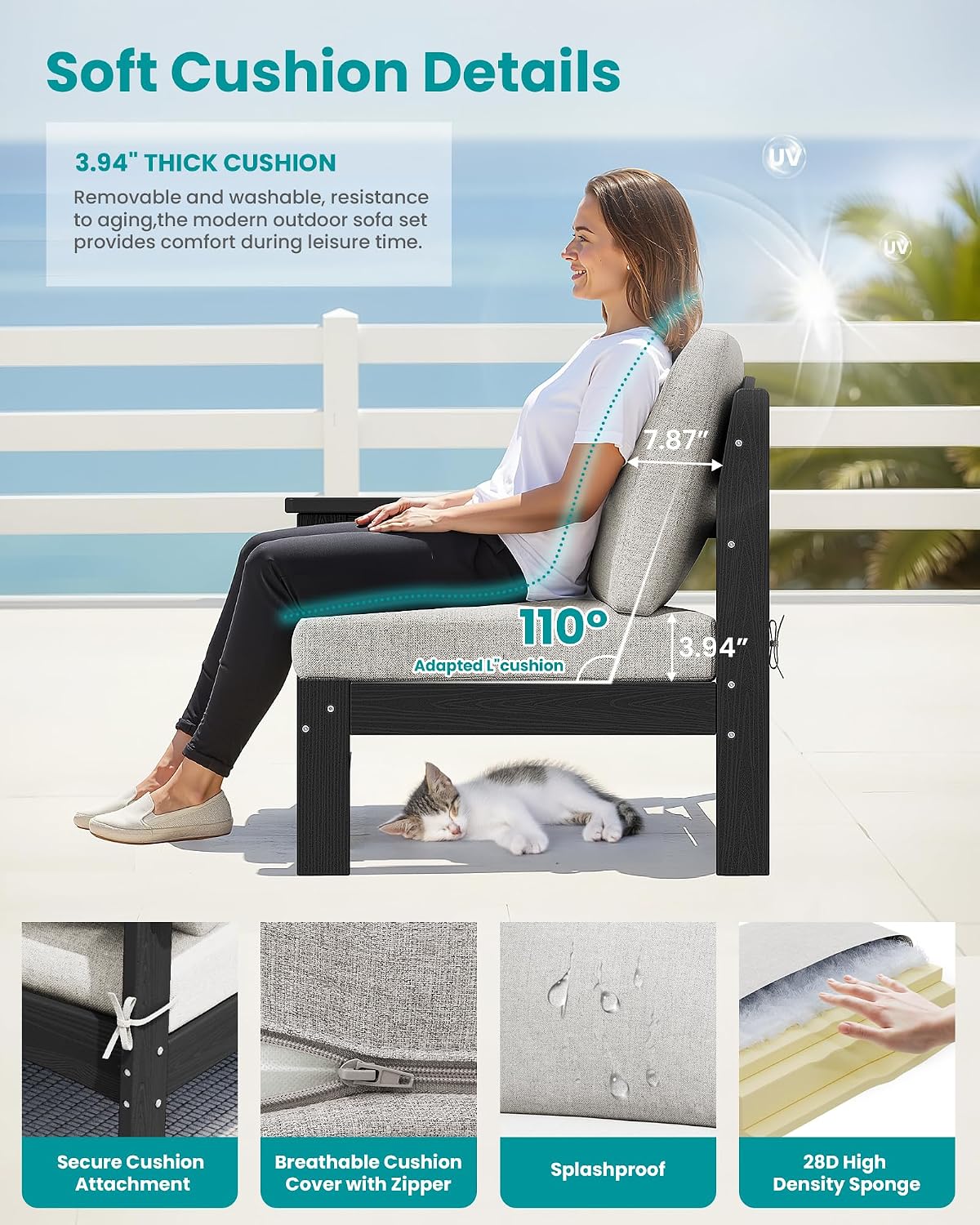 SERWALL 3 Pieces Patio Conversation Set, All-Weather HDPE Outdoor Sofas with Cushions and Coffee Table, Modular Sectional Furniture for Deck, Garden, Backyard, Black Frame with Khaki Cushion