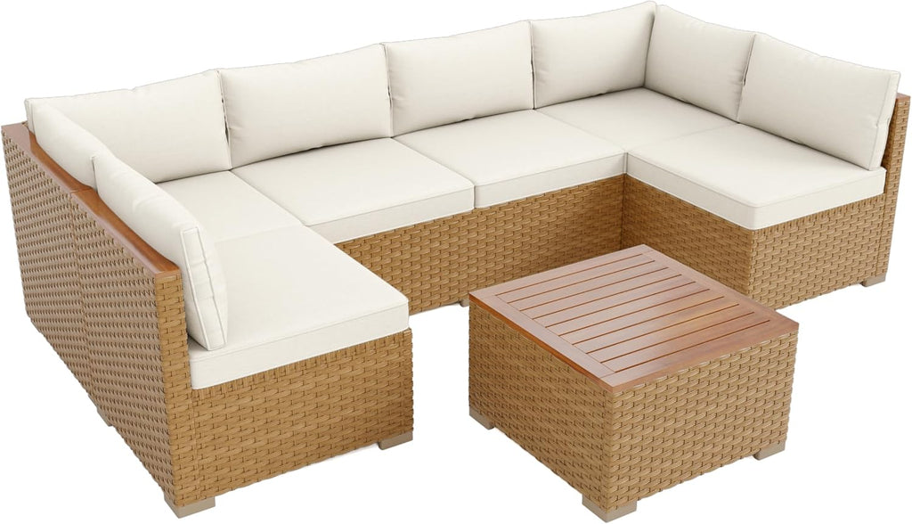 MIXPATIO Wicker Outdoor Patio Furniture Set 7 Pieces Patio Chaise Longue Conversation Set, Rattan U-Shaped Sofa Couch with Acacia Wood Coffee Table for Deck Porch and Garden