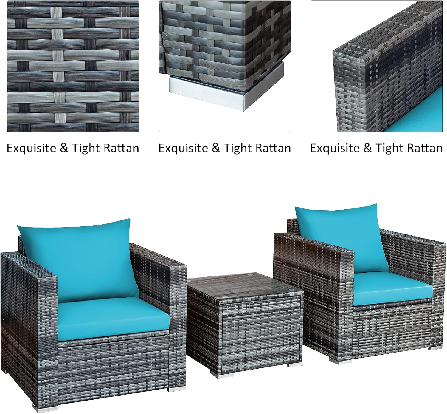Tangkula 3 Pieces Patio Furniture Set, PE Rattan Wicker Sofa Set w/Washable Cushion and Tempered Glass Tabletop, Outdoor Conversation Furniture for Garden Poolside Backyard