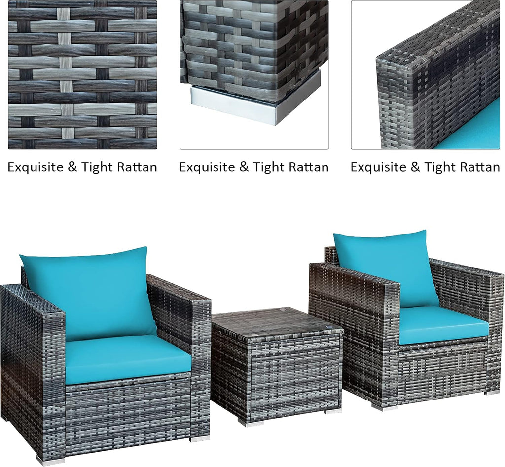 COSTWAY 3-Piece Patio Furniture Set, Outdoor Wicker Rattan Sofa with Cushions and Coffee Table, Conversation Chair Set for Poolside Backyard Balcony Lawn (Turquoise)